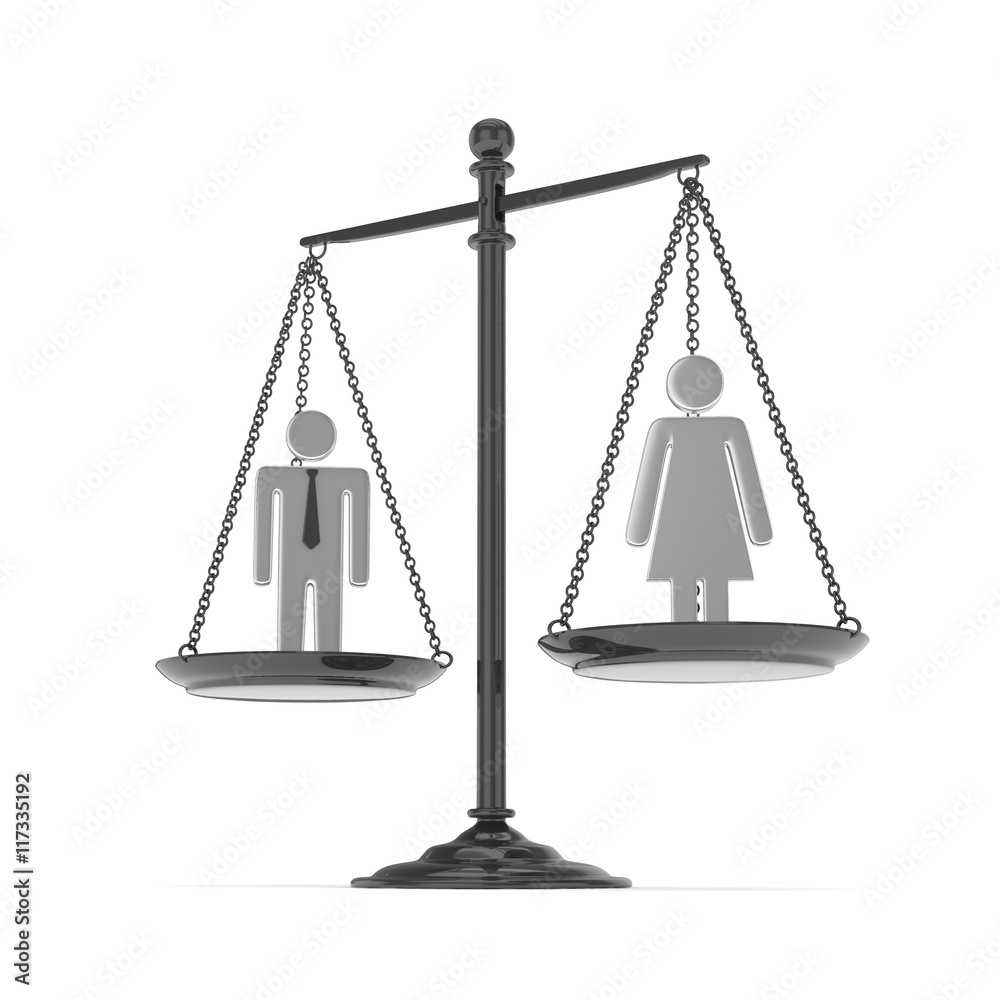 Isolated old fashioned pan scale with man and woman on white background. Gender inequality. Equality of sexes. Law issues. Silver model. 3D rendering. Isolated old fashioned pan scale with man and woman on white background. Gender inequality. Equality of sexes. Law issues. Silver model. 3D rendering.