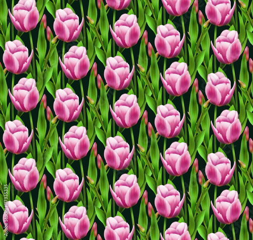 print  seamless pattern with pink tulips and green leaves on a dark background. Plant flower nature wallpaper