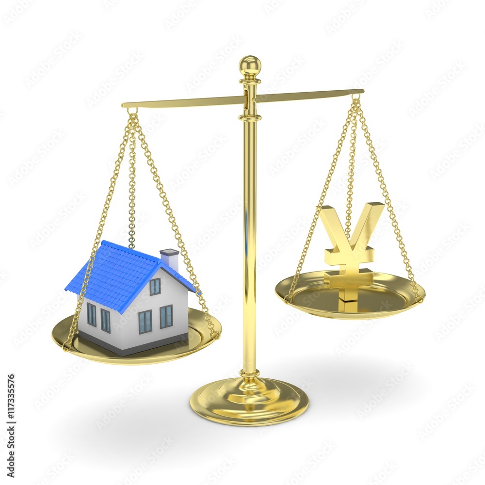 Isolated golden scales with golden yuan and house on white background. Investment or savings concept. Real estate and currency. 3D rendering. Isolated golden scales with golden yuan and house on white background. Investment or savings concept. Real estate and currency. 3D rendering.