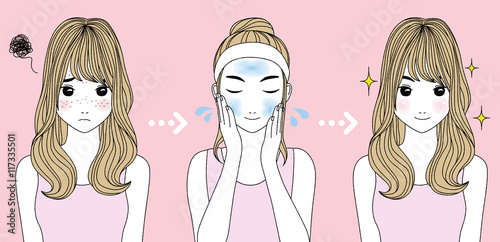 young girl acne care before after, hand drawing illustration
