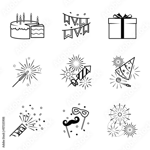 Birthday party celebration fireworks icons set. Vector illustration
