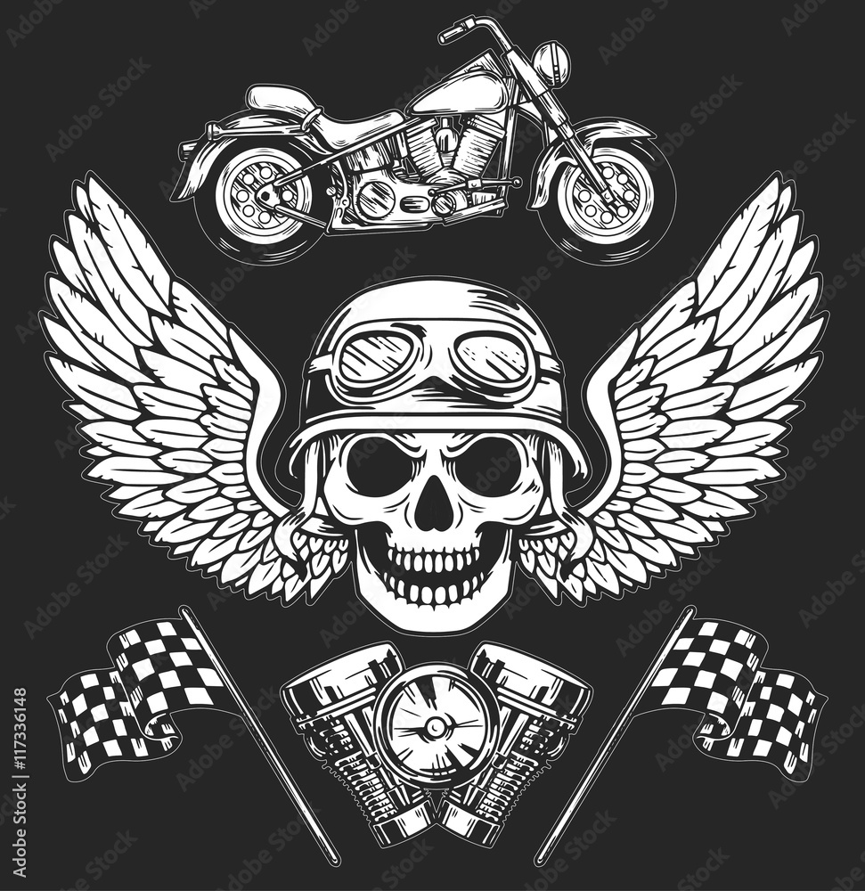 Fototapeta premium Vector biker set Hand drawn elements Repair Garage Motorcycle Biker Rider Freedom