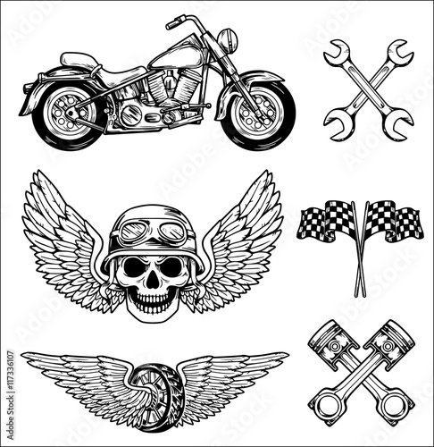 Vector biker set Hand drawn elements Repair Garage Motorcycle Biker Rider Freedom