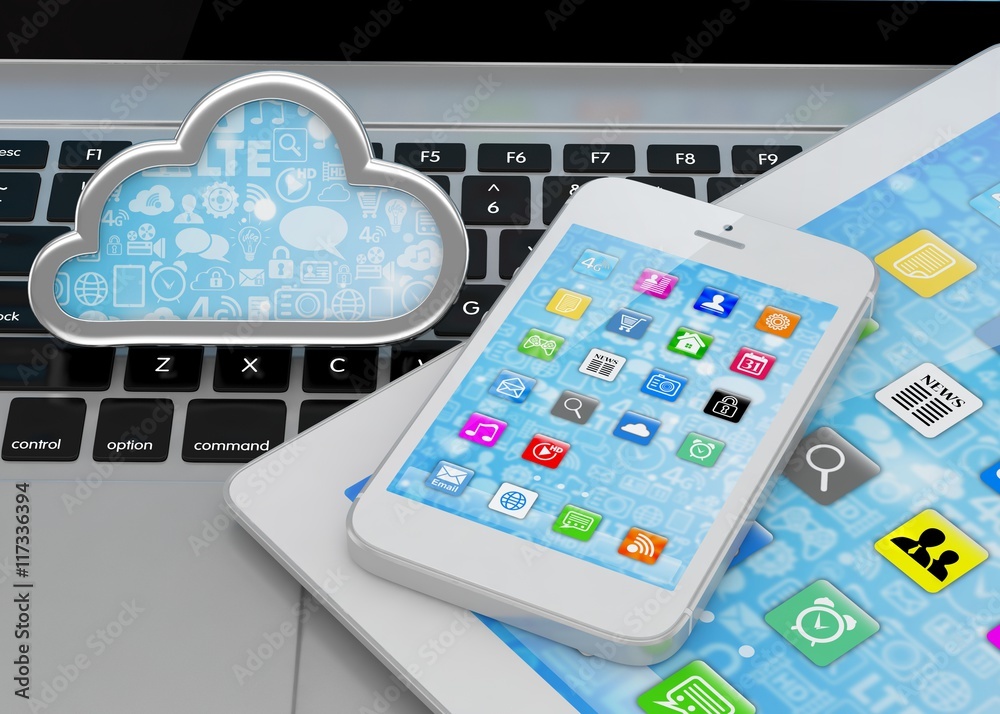 laptop, tablet pc, smart phone and cloud. 3d rendering. laptop, tablet pc, smart phone and cloud. 3d rendering.