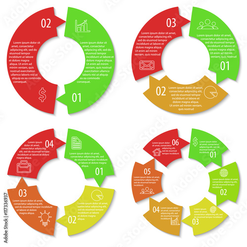 Set of round infographic diagram with arrows. Circles of 2, 3, 4, 6 elements. Vector EPS10