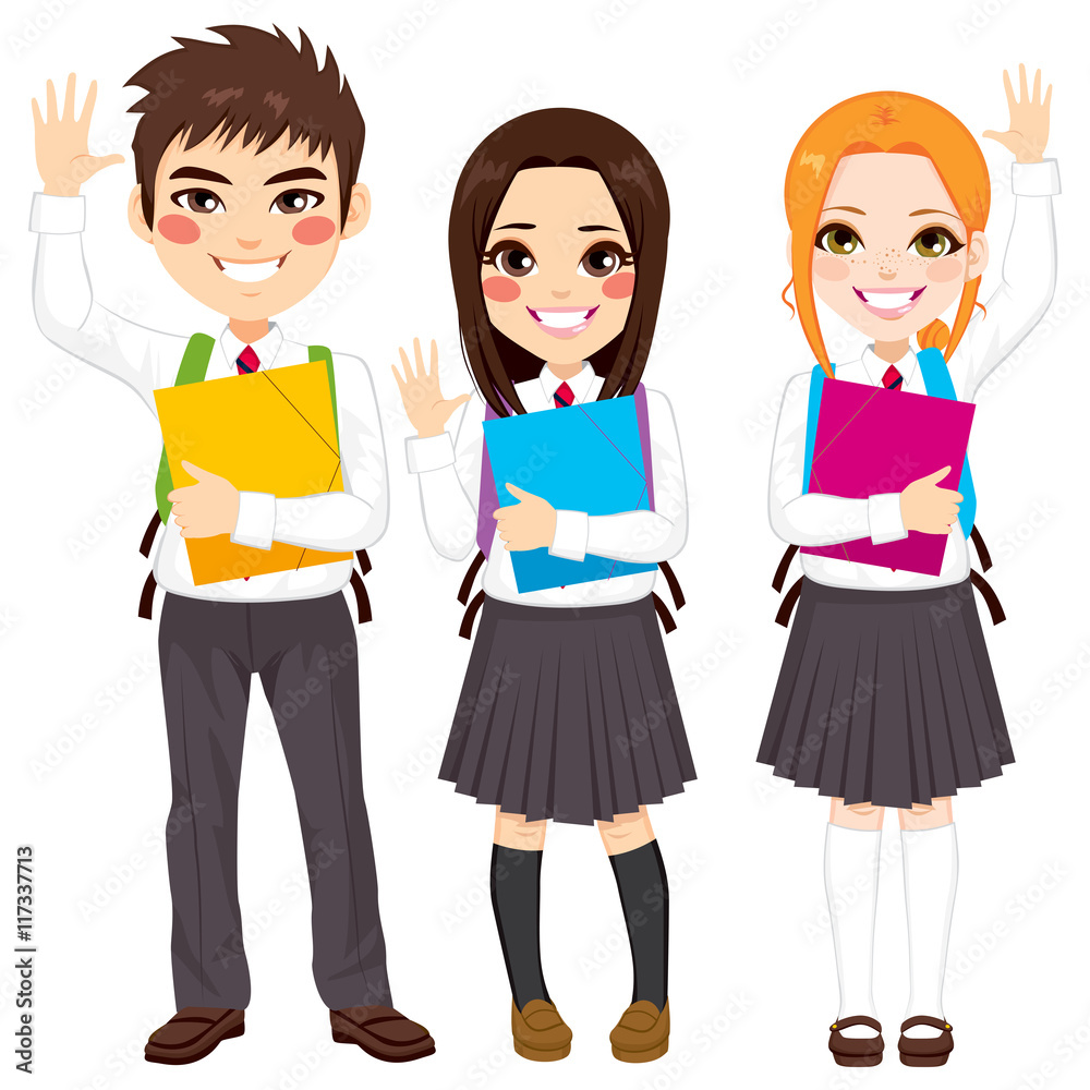 Young group of happy teenager students standing waving hands holding folder Young group of happy teenager students standing waving hands holding folder
