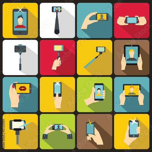 Selfie icons set in flat style. Taking photos with smartphone elements set collection vector illustration