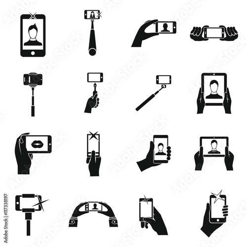 Selfie icons set in simple style. Taking photos with smartphone set collection vector illustration