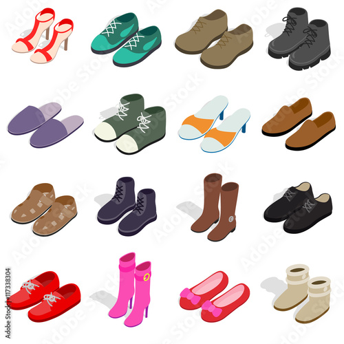 Shoe icons set in isometric 3d style. Men and women shoes set collection vector illustration