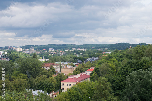VILNIUS  LITHUANIA - JULY  2016  Aerial View of Vilnius. Cityscape with residential buildings  trees and sky with clouds