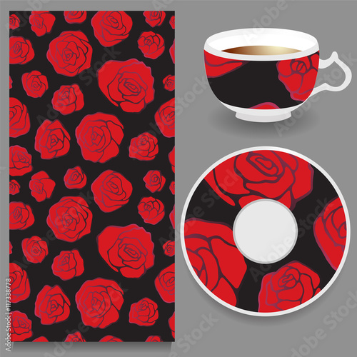 stock vector cup of coffee and seamless rose ornament. hand draw