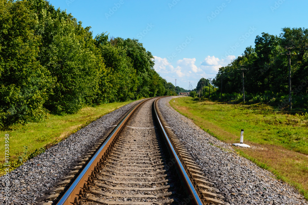 The railway goes to horizon, on both sides of the green dense forest.