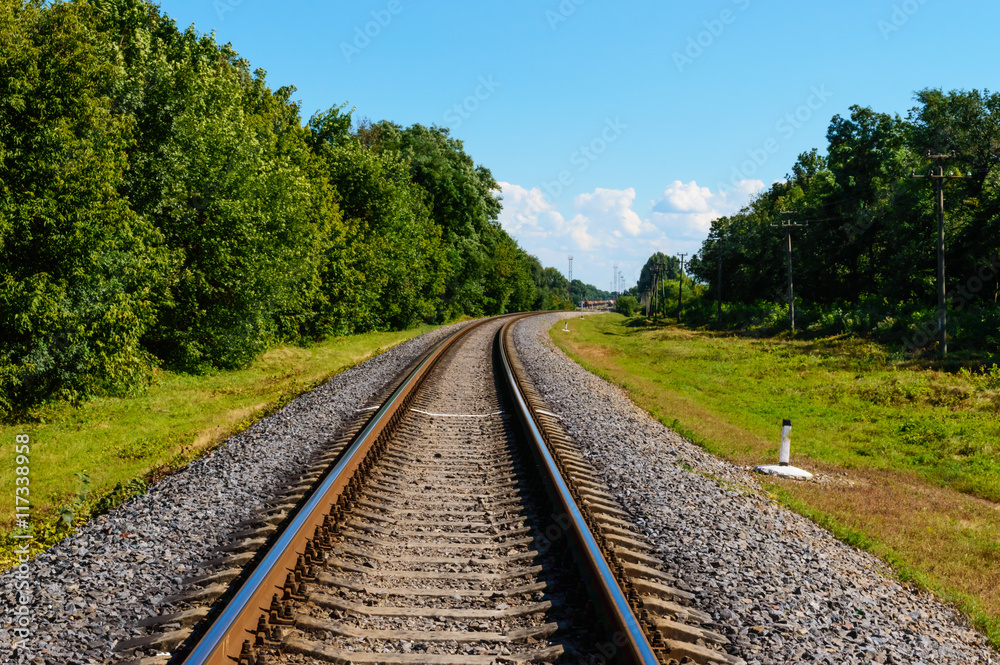 The railway goes to horizon, on both sides of the green dense forest. The railway goes to horizon, on both sides of the green dense forest.