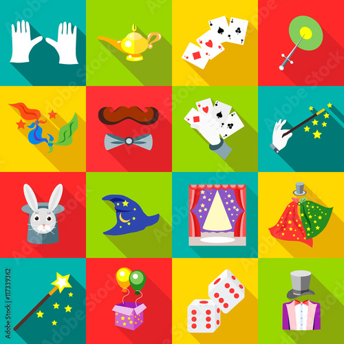 Magic icons set in flat style. Magician tools set collection vector illustration