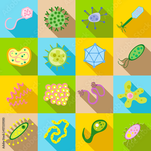 Germ and pathogen icons set in flat style. Virus, cells , bacillus set collection vector illustration