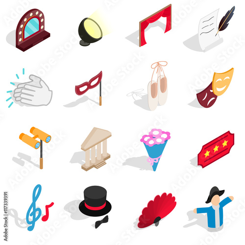 Theatre icons set in isometric 3d style. Theatre acting performance elements set collection vector illustration