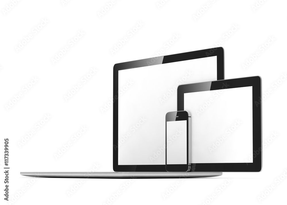 laptop, tablet, phone, on white. 3d rendering. laptop, tablet, phone, on white. 3d rendering.
