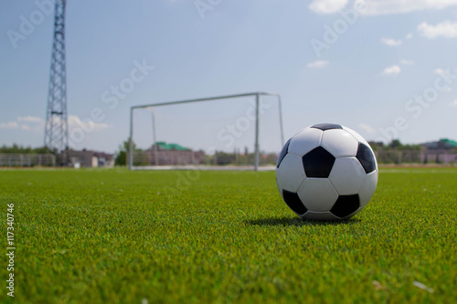 Soccer ball on the stadium with a gate © StockBox