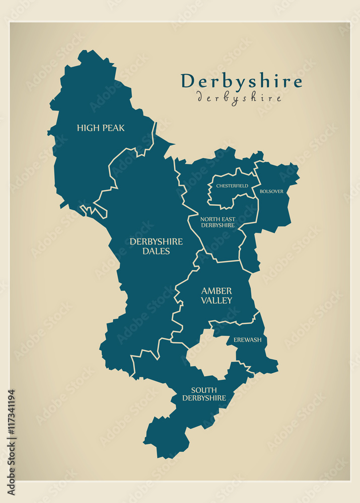 Modern Map - Derbyshire county with districts detailed UK