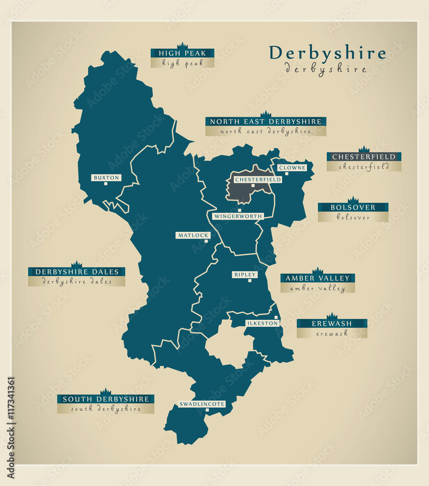 Modern Map - Derbyshire county with labels UK