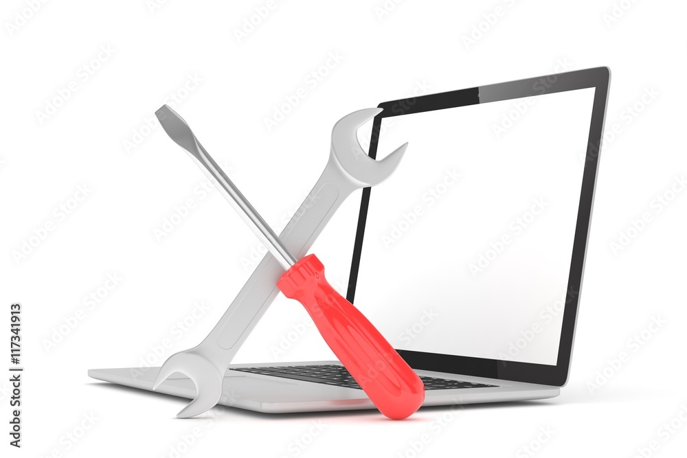 3D Illustration Wrench and screwdriver on laptop, service concept 3D Illustration Wrench and screwdriver on laptop, service concept