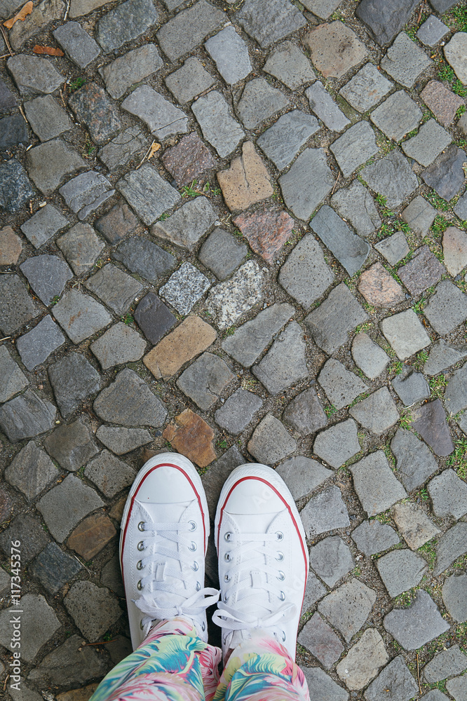 White Fashion Sneakers Shoes walking on Concrete Look Top View, Hipster Life, Traveling