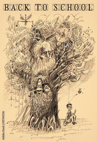 Back to school poster.Tree of Knowledge.The scientist makes discovery. Metaphor of scientific thought. Pencil drawing