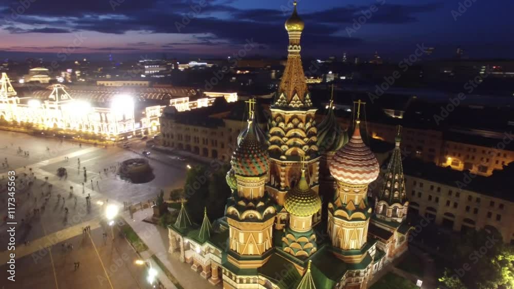 Saint Basil's Cathedral flight around. Best unique night flight close to Moscow Kremlin and Red Square. Evening embankment road traffic. City illumination. 4k footage. Aerial drone quadcopter.