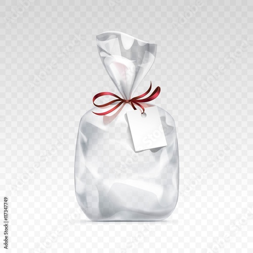 Empty Transparent Plastic Bag Packaging Blank White Label Isolated Background