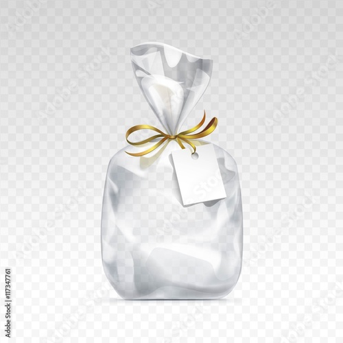 Empty Transparent Plastic Bag Packaging Blank White Label Isolated Background
