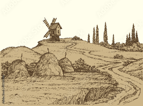Vector landscape. Old windmill on a hill