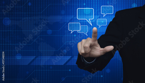 Businessman point to social chat sign and speech bubbles over di