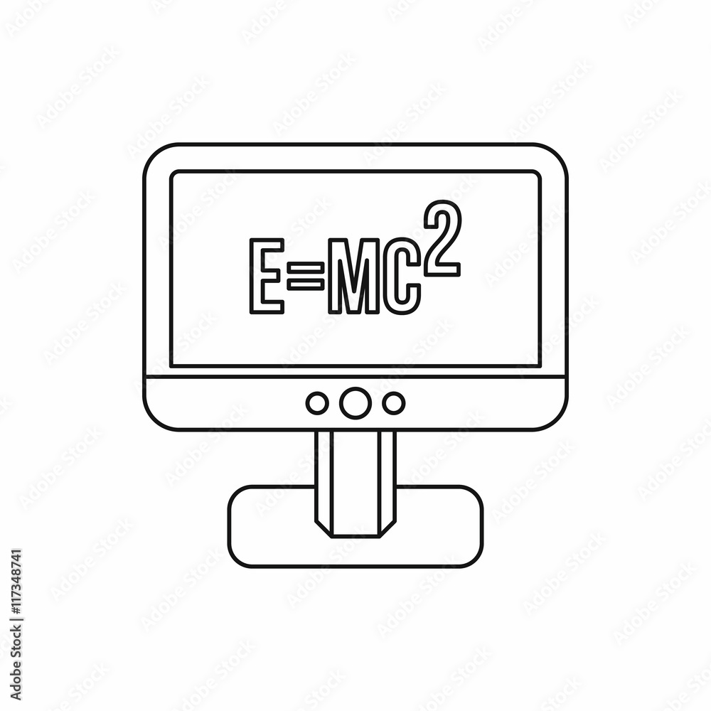 Monitor with Einstein formula icon in outline style isolated on white background. Science symbol Monitor with Einstein formula icon in outline style isolated on white background. Science symbol