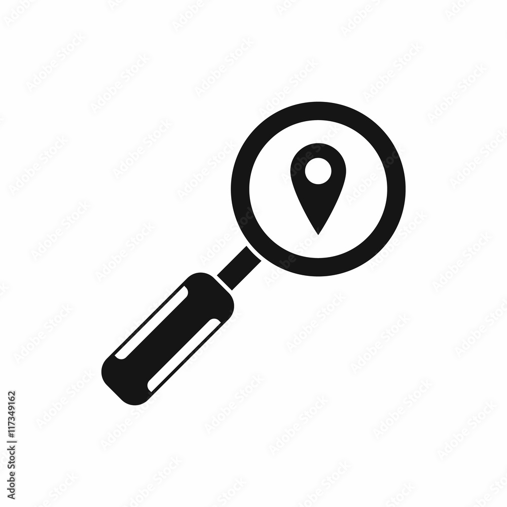 Magnifying glass and map location icon in simple style isolated on white background Magnifying glass and map location icon in simple style isolated on white background
