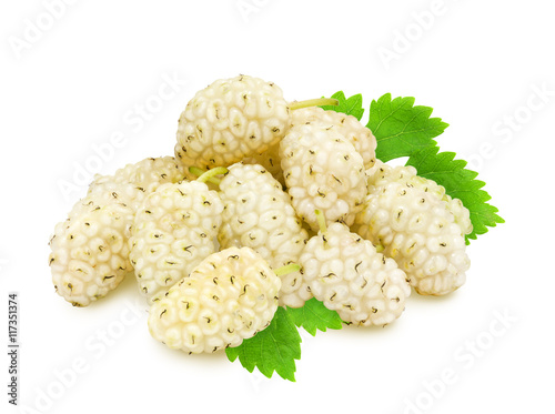 Heap of fresh ripe white mulberry berries with leaves isolated on white background. Design element for product label, catalog print, web use.