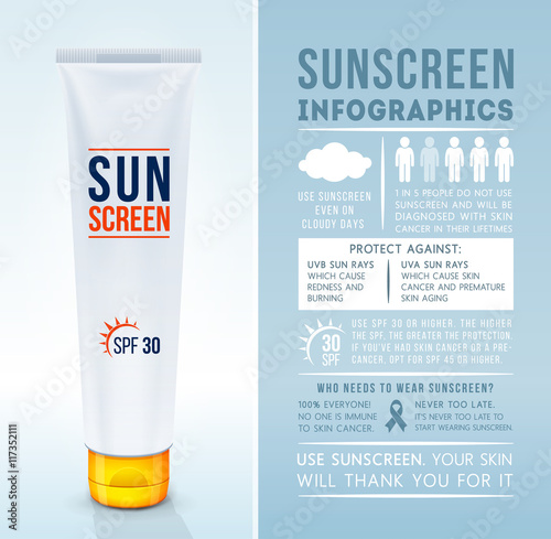 Sun protection infographics. Sunscreen cream. Sun safety tips. sunblock product. Vector illustration