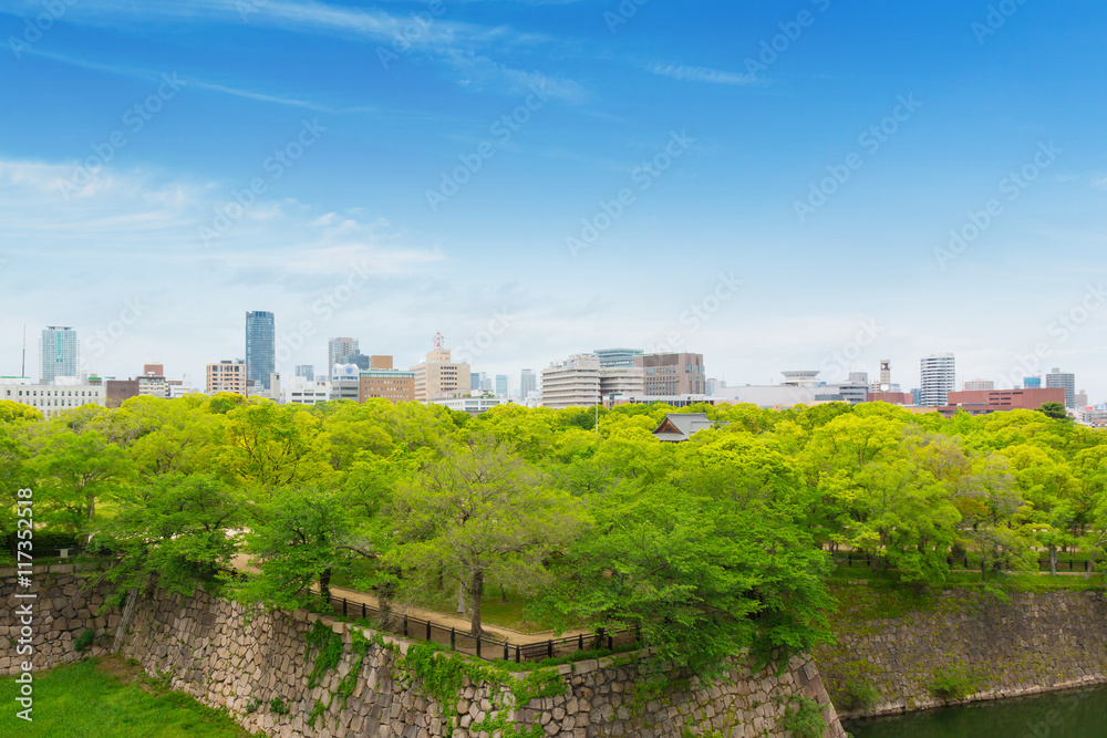 Wall outside of Osaka castle is historic landmark in osaka