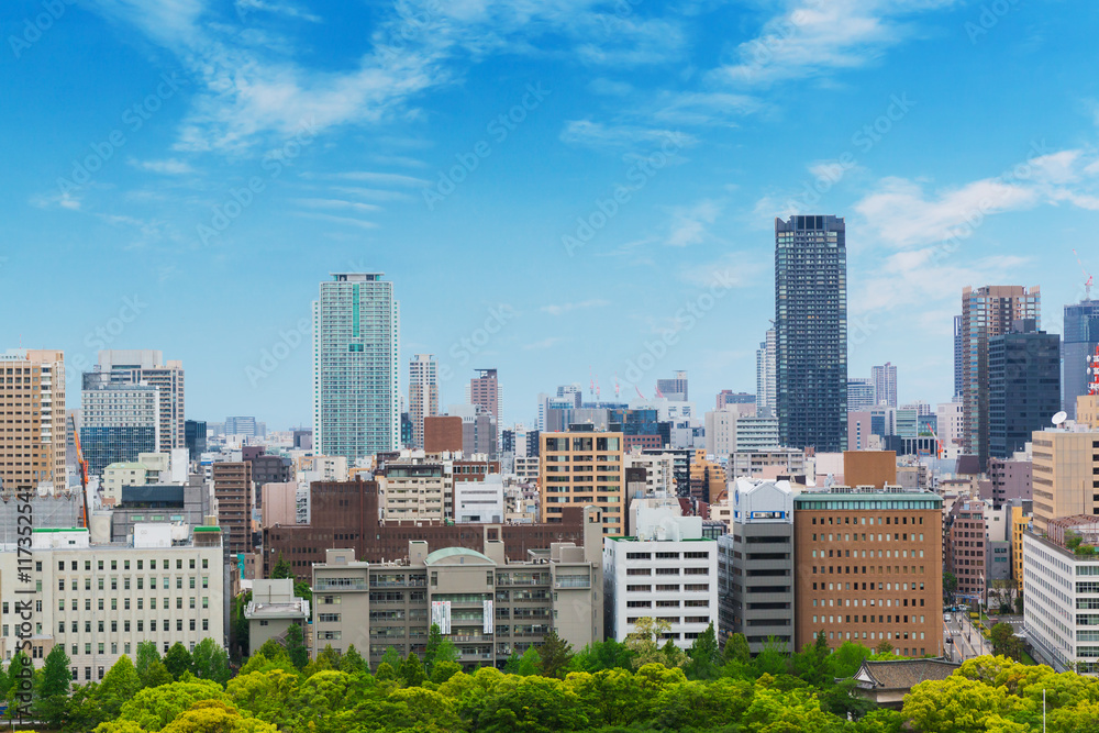Cityscape and Skyline of Osaka city in Japan