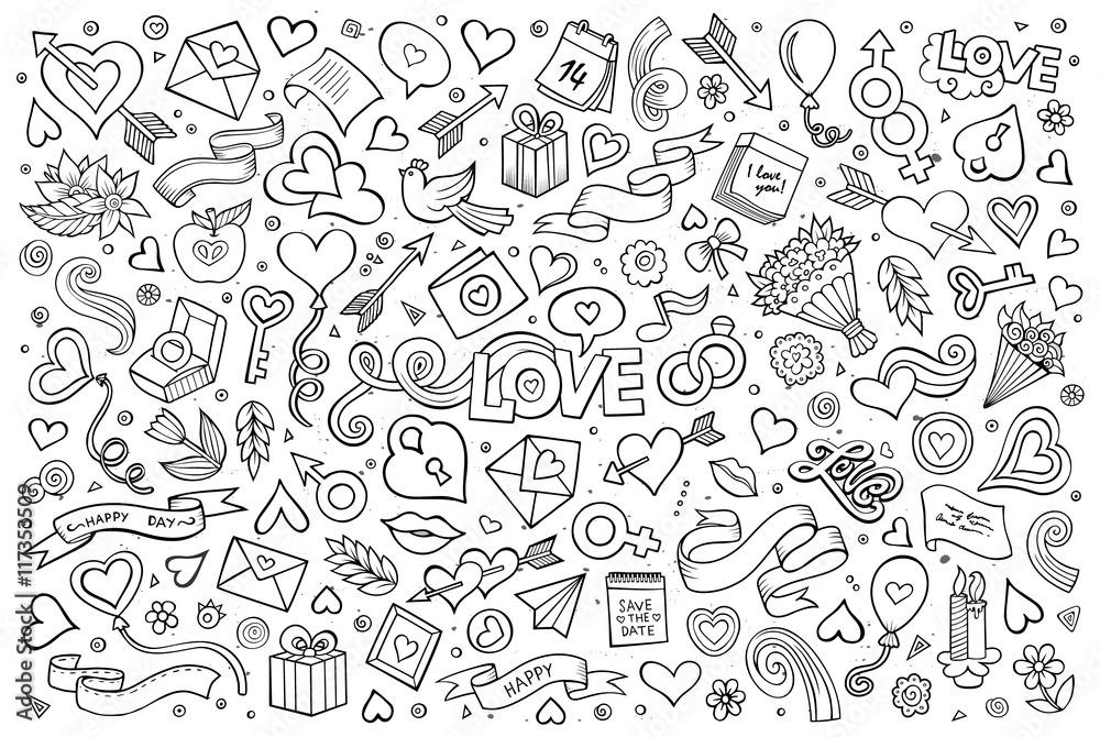 Sketchy vector hand drawn doodles cartoon set of Love