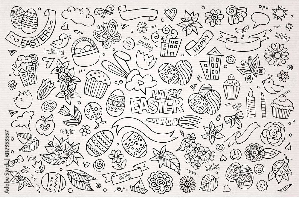Easter hand drawn symbols and objects