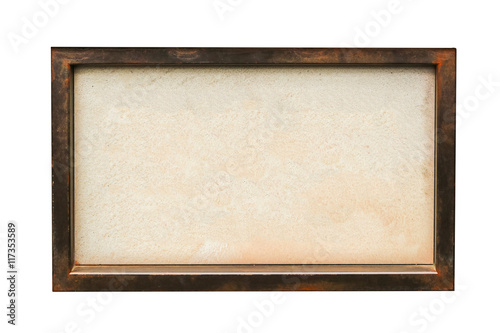 Blank signboard on wooden frame, isolated white background.