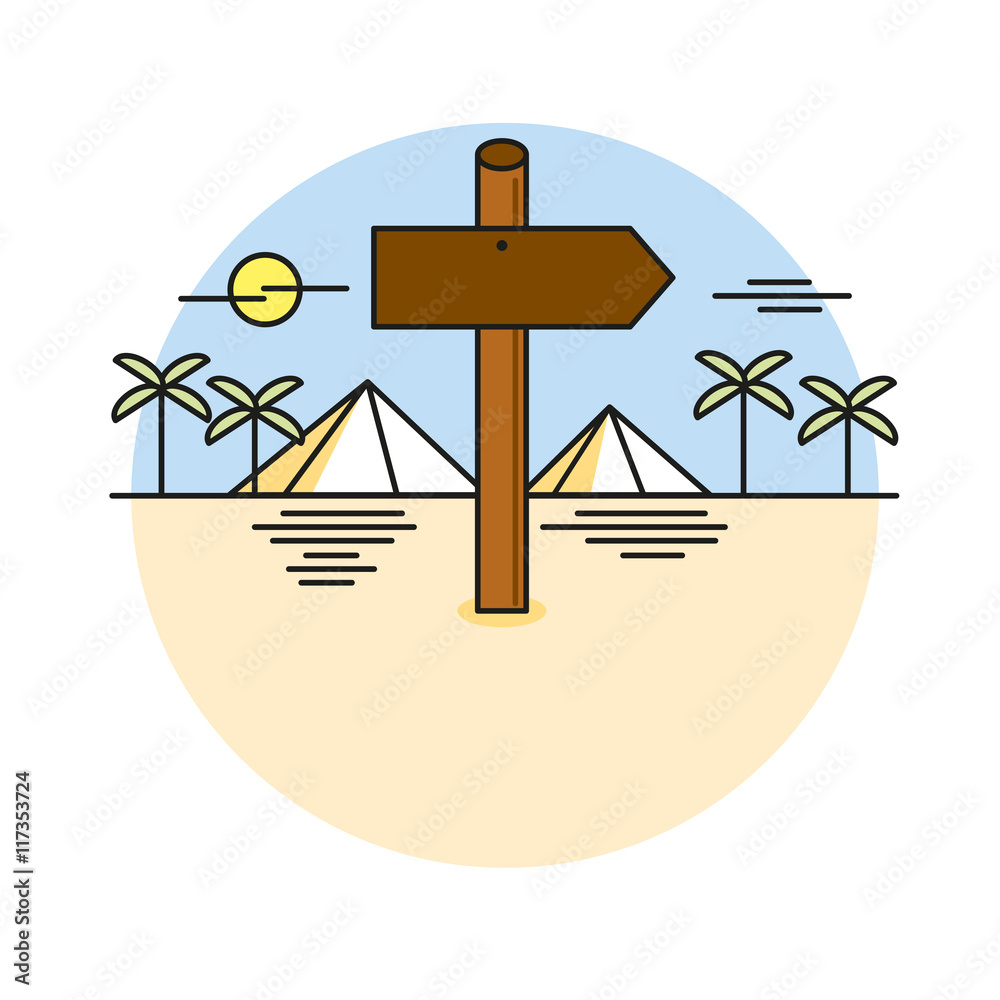 Wooden sign shaped like an arrow on desert path, vector Wooden sign shaped like an arrow on desert path, vector