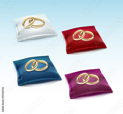 Gold Wedding Rings on Red White Blue Purple Satin Pillow