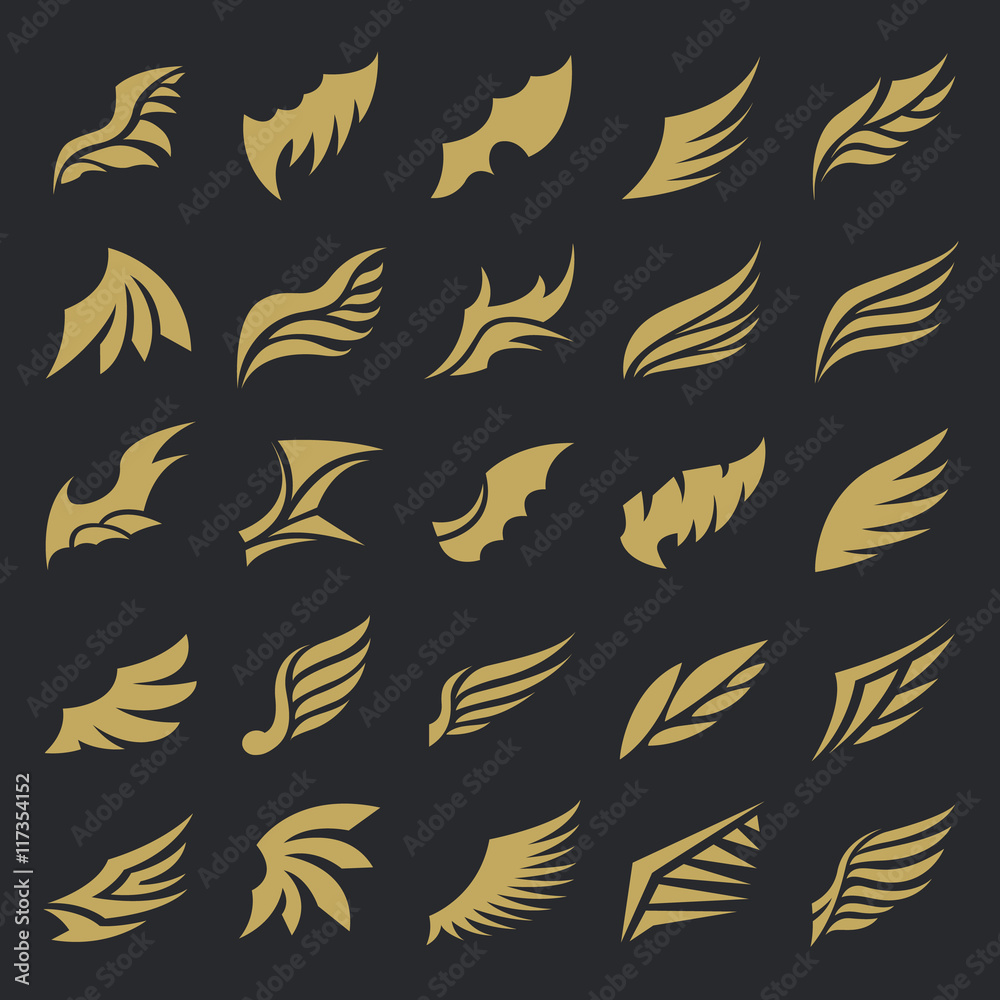Wings. Vector Set of wing design elements. Vector illustration. Design for logo, tattoo and luxury brand identity Wings. Vector Set of wing design elements. Vector illustration. Design for logo, tattoo and luxury brand identity