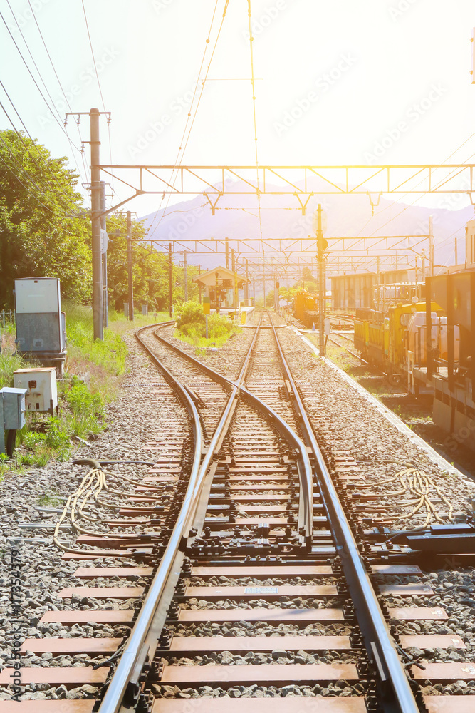 Fototapeta premium Railway tracks switching direction to Detroit destination