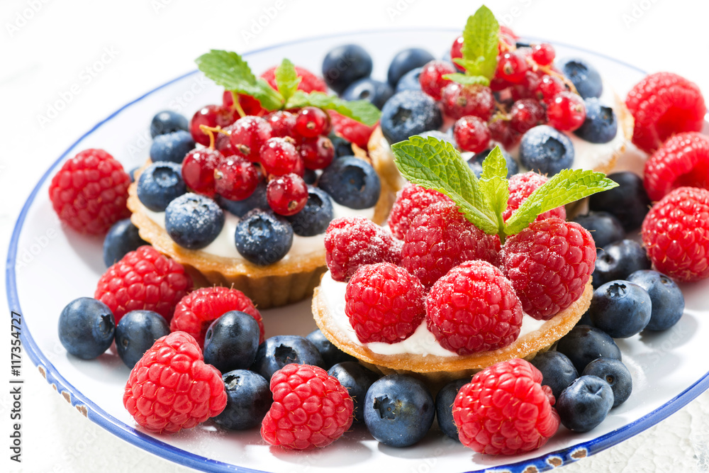 mini cakes with sweet cream and fresh berries on plate, closeup mini cakes with sweet cream and fresh berries on plate, closeup
