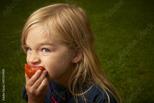 Cute blond child girl eating tomato outside in the garden