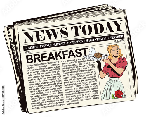 People in retro style. Waitress with breakfast.