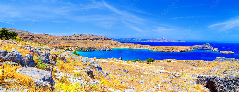 Panorama of Lindos bay, Rhodes island, Greece