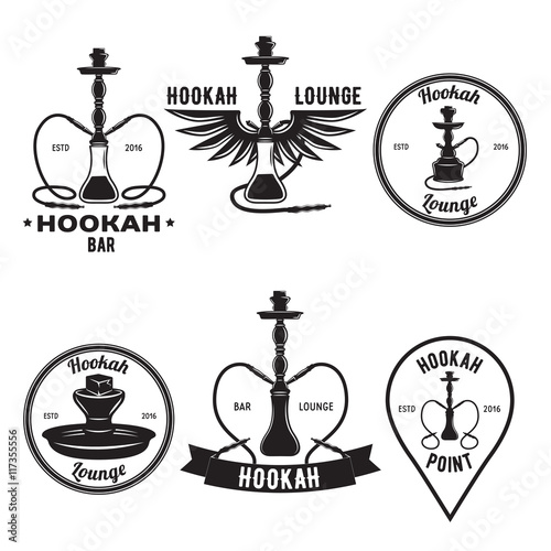 Hookah related set of logo labels and emblems. Vector vintage illustration. photo